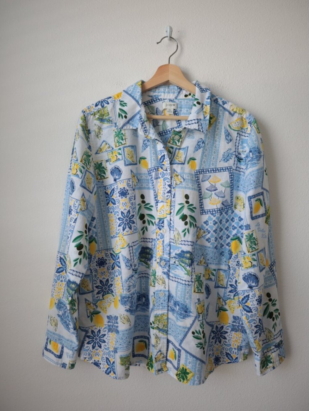 J.Crew Linen Blend Vacation Theme Button Up Top | XL